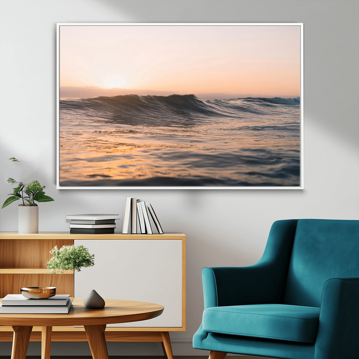 Framed canvas of ocean waves glowing in sunset light, ideal for golden hour calm or peaceful coastal-inspired wall decor.