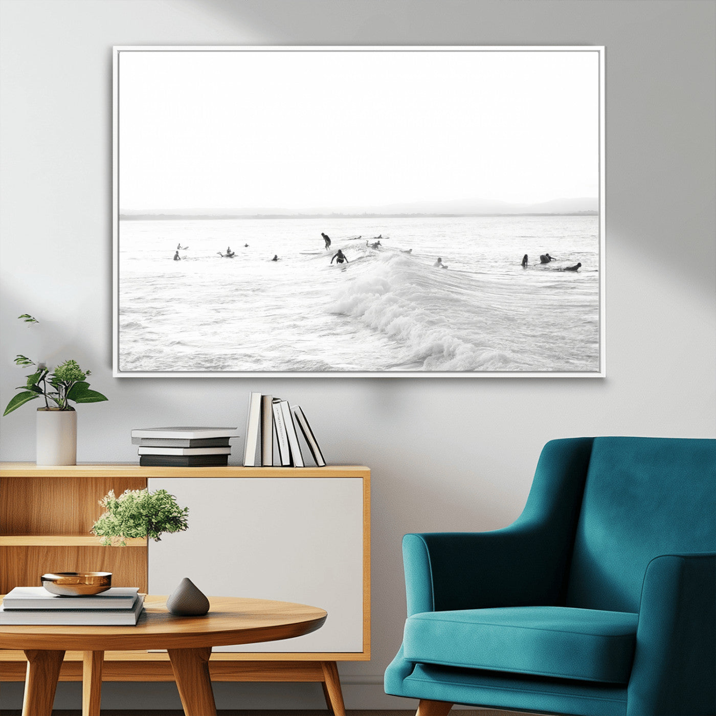 Monochrome photo of surfers riding and waiting on ocean waves, ideal for surf-themed or coastal energy wall decor.