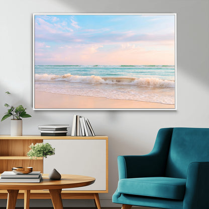 Pastel-toned ocean waves under soft sunset skies, ideal for pastel coastal or serene beach-style home decor.