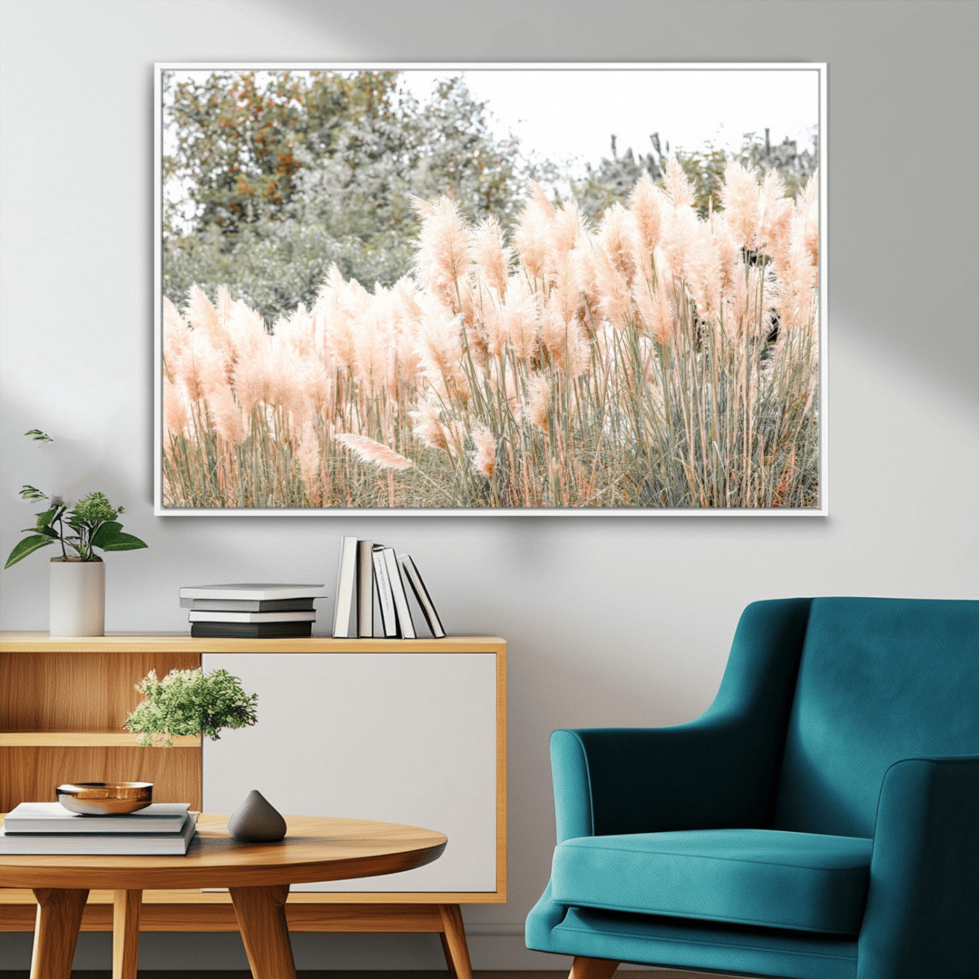 Soft pastel pampas grasses in a natural setting, ideal for neutral boho or rustic botanical-style interior wall decoration.