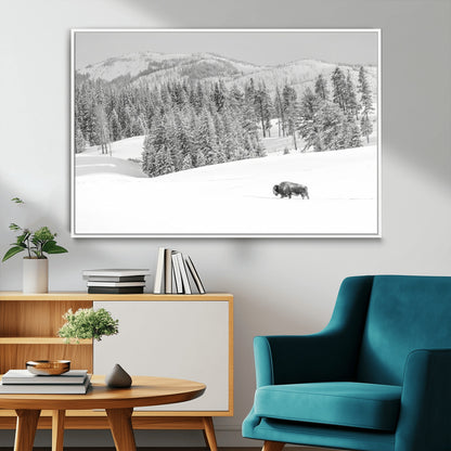 Snowy bison walking through white forest landscape, ideal for monochrome winter or wilderness-style interior wall decoration.