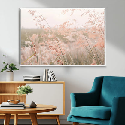 Soft pastel field with wild grasses in warm light, ideal for minimal nature or airy countryside-inspired interior wall decoration.