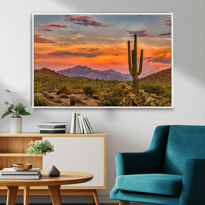Vibrant desert sunset with saguaro cacti and distant mountains, perfect for Southwestern or warm-toned home decor.