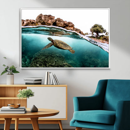 Dynamic split-view photo of a sea turtle swimming near rocky shores, perfect for vibrant coastal or tropical beach home decor.