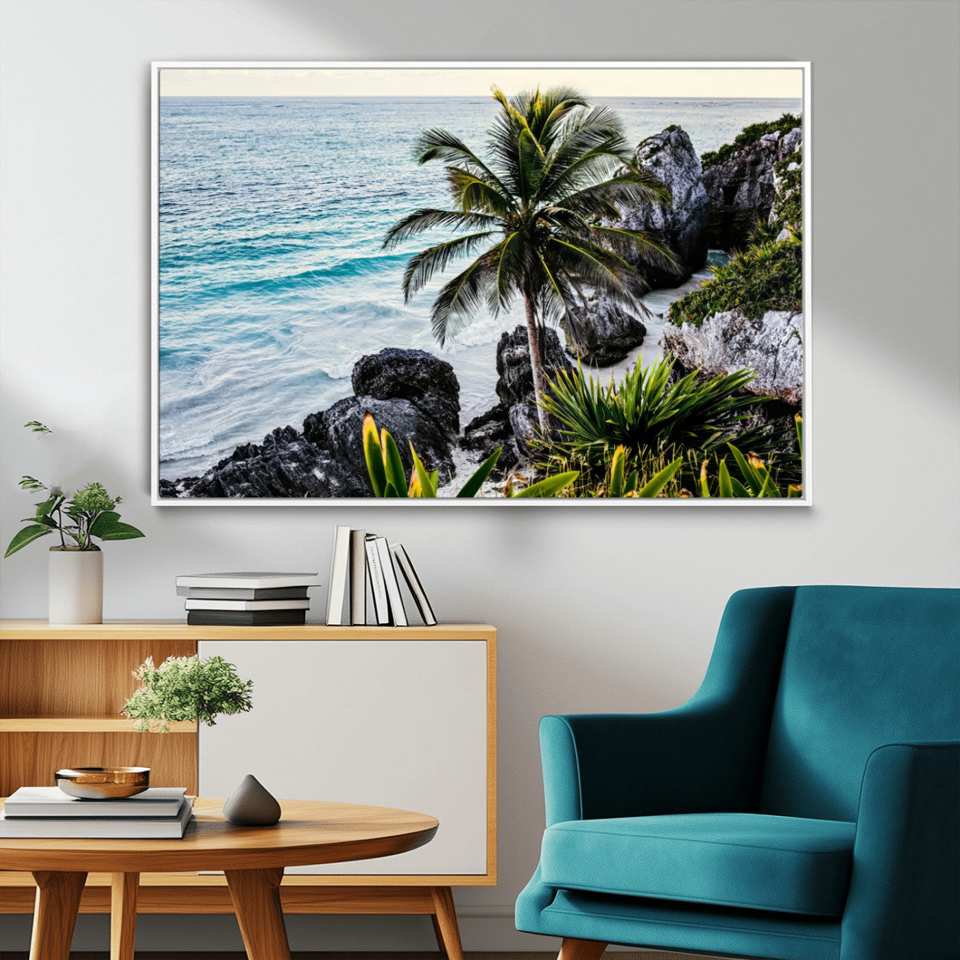 Framed canvas of a vibrant tropical coastline with palm trees, rocky cliffs, and turquoise waters, ideal for tropical coastal home decor.