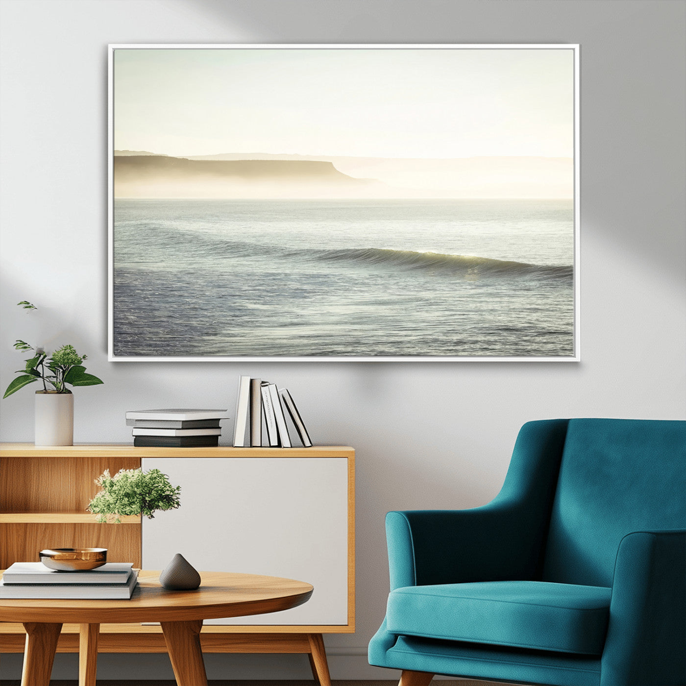 Canvas of a misty ocean scene with coastal cliffs and soft neutral tones, ideal for Scandinavian coastal or minimalist nature-inspired home decor.