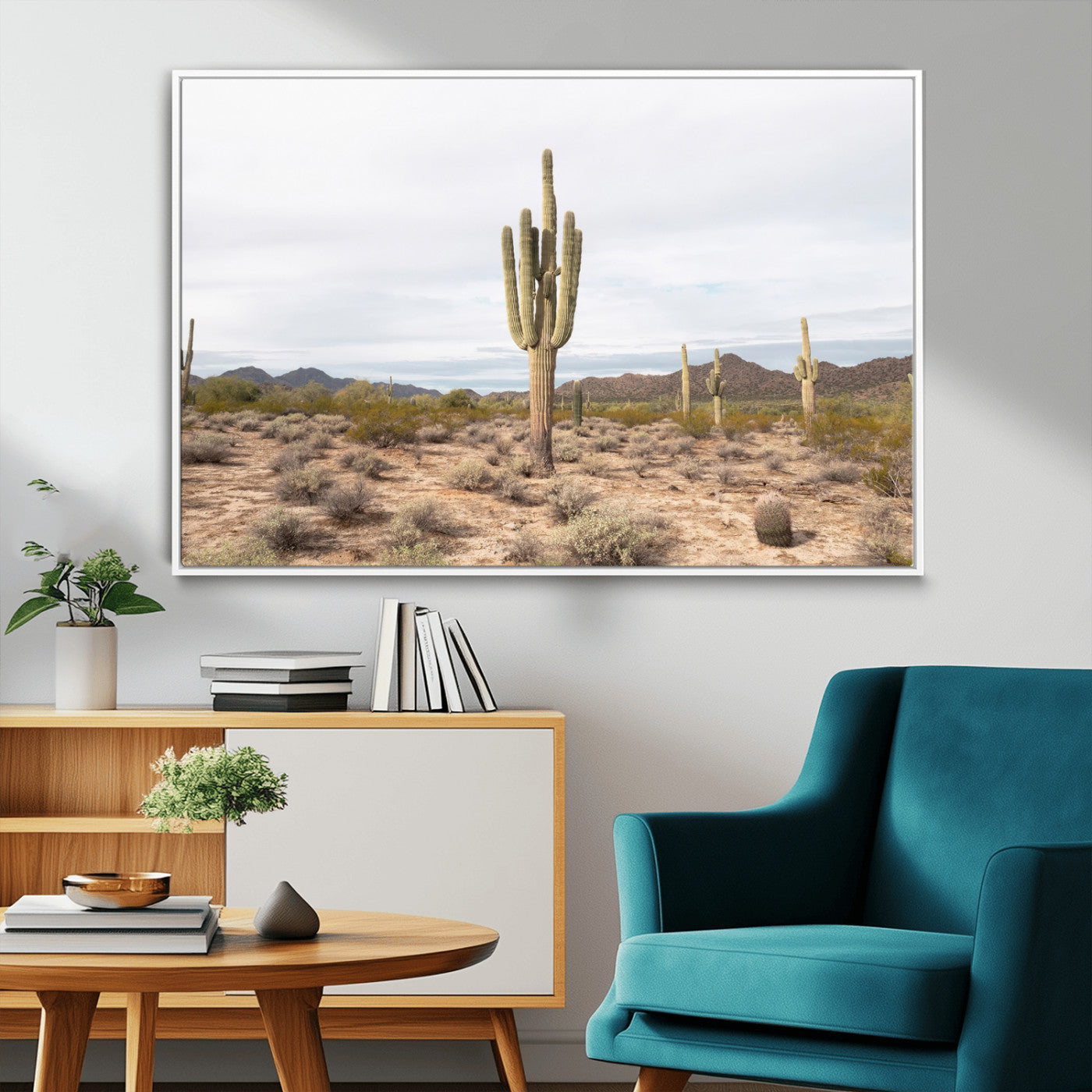 Canvas of a saguaro cactus in an earthy Sonoran desert landscape, ideal for Southwestern Boho or desert minimalism inspired home decor.   2/2