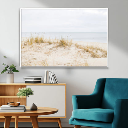 Canvas of soft beach dunes and coastal grasses in neutral tones, perfect for Scandinavian coastal or minimalist nature-inspired home decor.   2/2