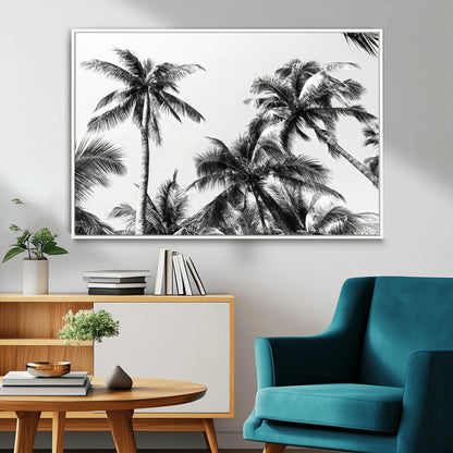 Black and white canvas of tall palm trees in moody tones, perfect for modern tropical minimalist or coastal-style home decor.