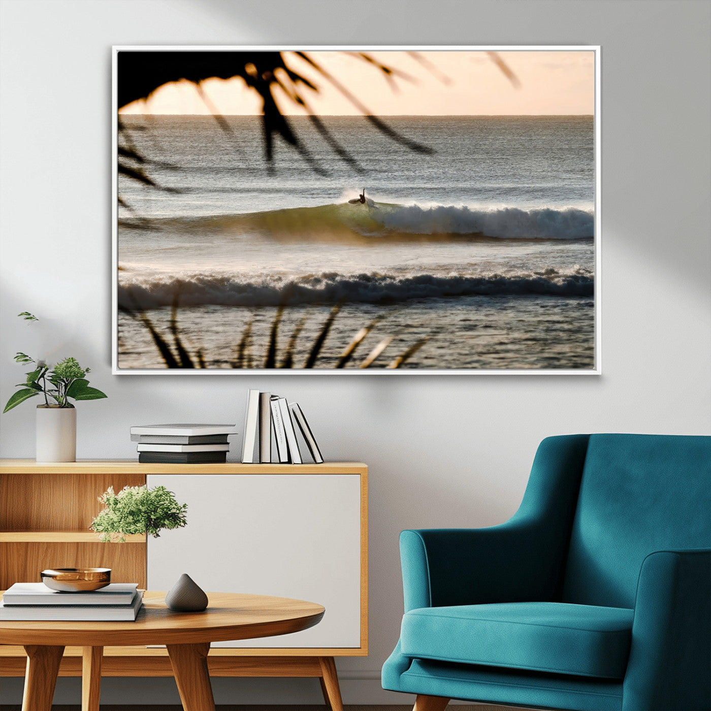 Photo of a surfer riding a golden hour wave at sunset, with tropical tones and dreamy light, perfect for tropical boho or coastal home decor.