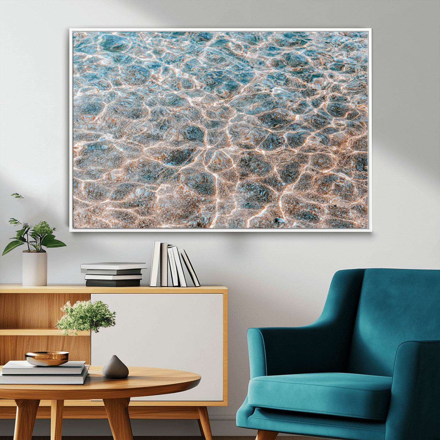Close-up of sunlit ocean ripples with aqua blue and golden tones, ideal for modern coastal or minimalist home decor.