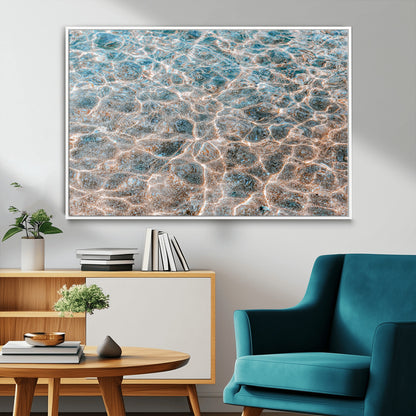 Close-up of sunlit ocean ripples with aqua blue and golden tones, ideal for modern coastal or minimalist home decor.