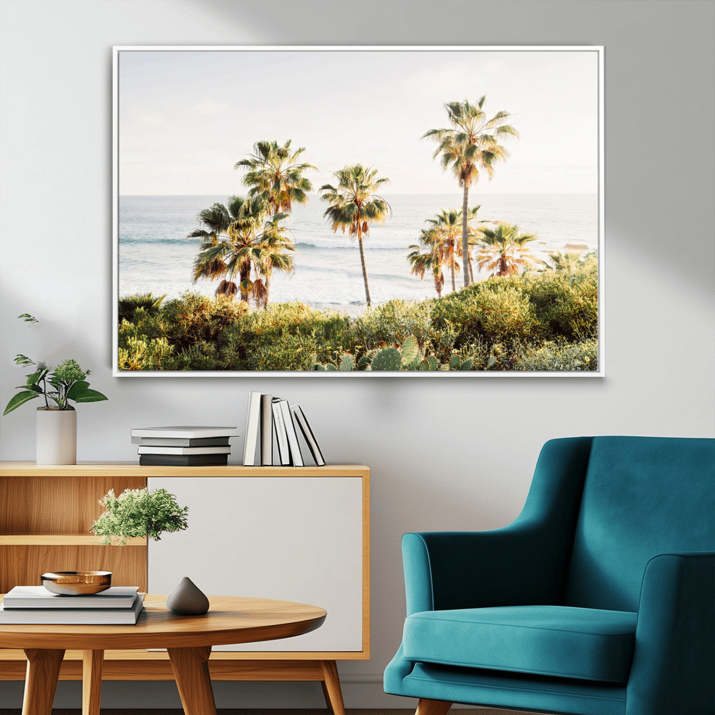 Framed print of sunlit palm trees on the California coast with warm tones, perfect for coastal minimalist or beach-style home decor.