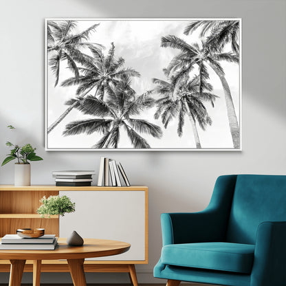 Black and white tropical palm trees viewed from below, swaying gently against a bright sky, creating a serene and elegant coastal atmosphere.