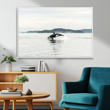 An orca jumping out of calm ocean waters with a misty island in the background, creating a serene and minimalist marine wildlife scene.