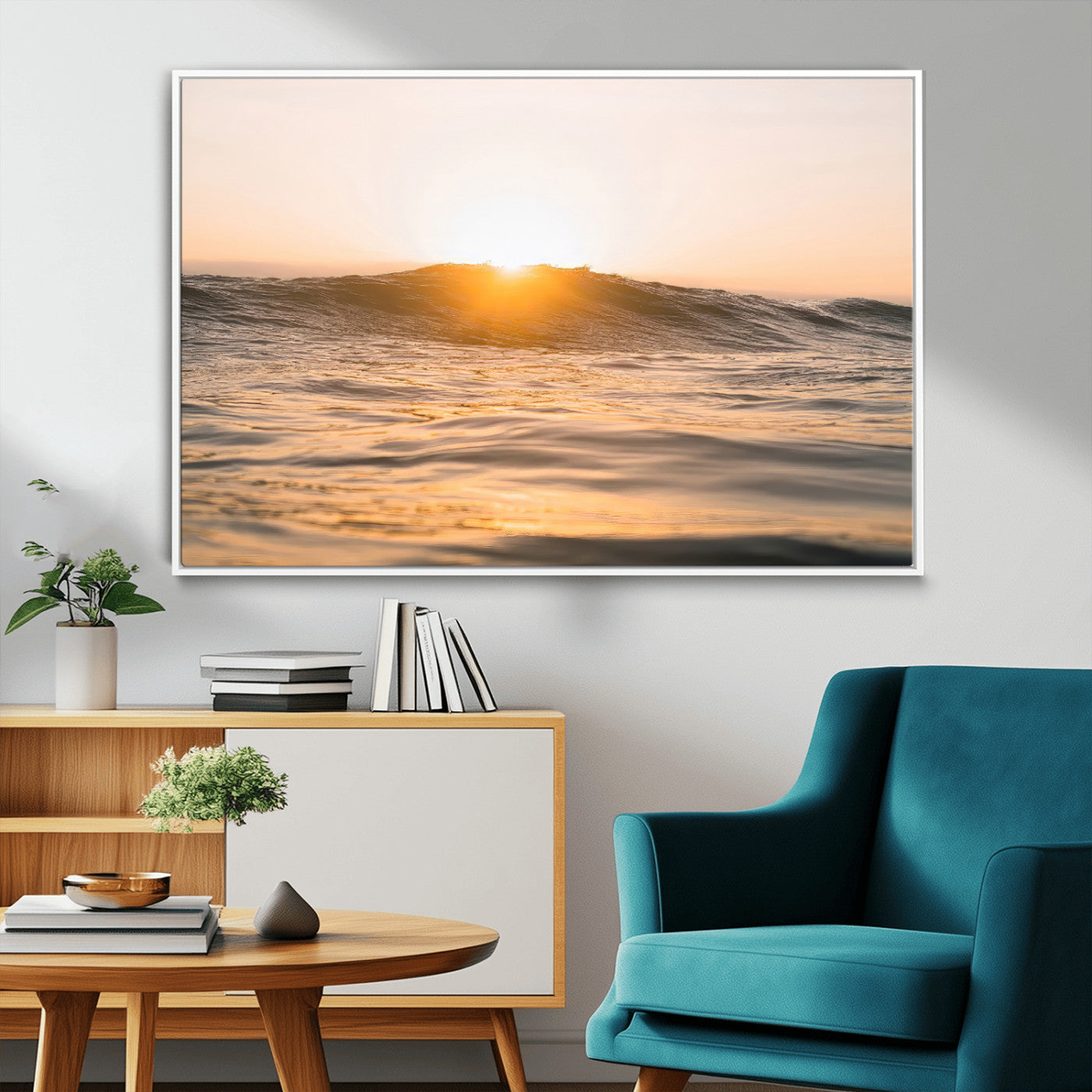 Ocean waves glowing under a warm golden sunset, reflecting soft light and calm movement, perfect for warm minimalist coastal interiors.