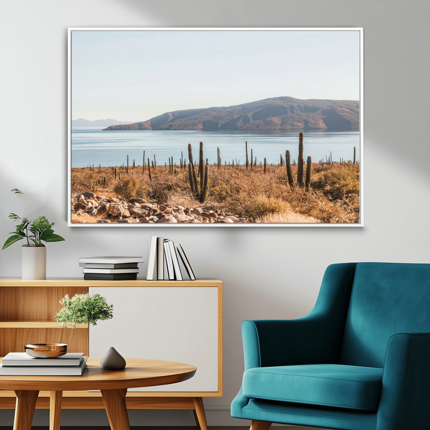 Warm desert landscape with cacti and coastal mountains, perfect for southwestern or earthy calm-themed home wall decor.