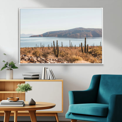 Warm desert landscape with cacti and coastal mountains, perfect for southwestern or earthy calm-themed home wall decor.