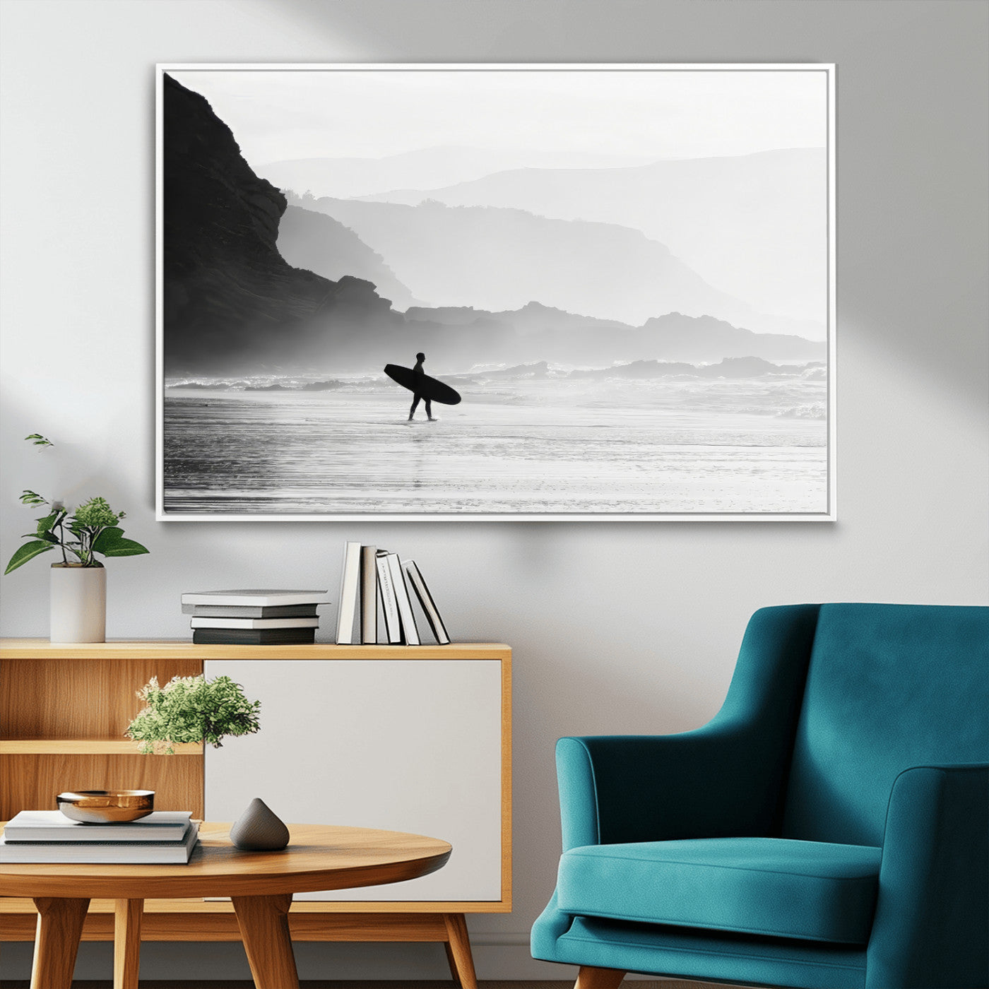 A lone surfer walking along a misty beach with cliffs in the background, carrying their board, capturing a serene and minimal ocean moment.