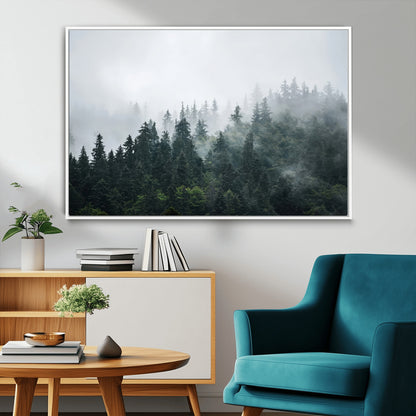 A misty evergreen forest shrouded in soft fog, creating a tranquil and moody landscape with lush green trees fading into the distance.