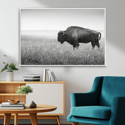 A black and white photograph of a majestic bison standing in a vast grassy prairie, evoking a sense of wilderness and strength.