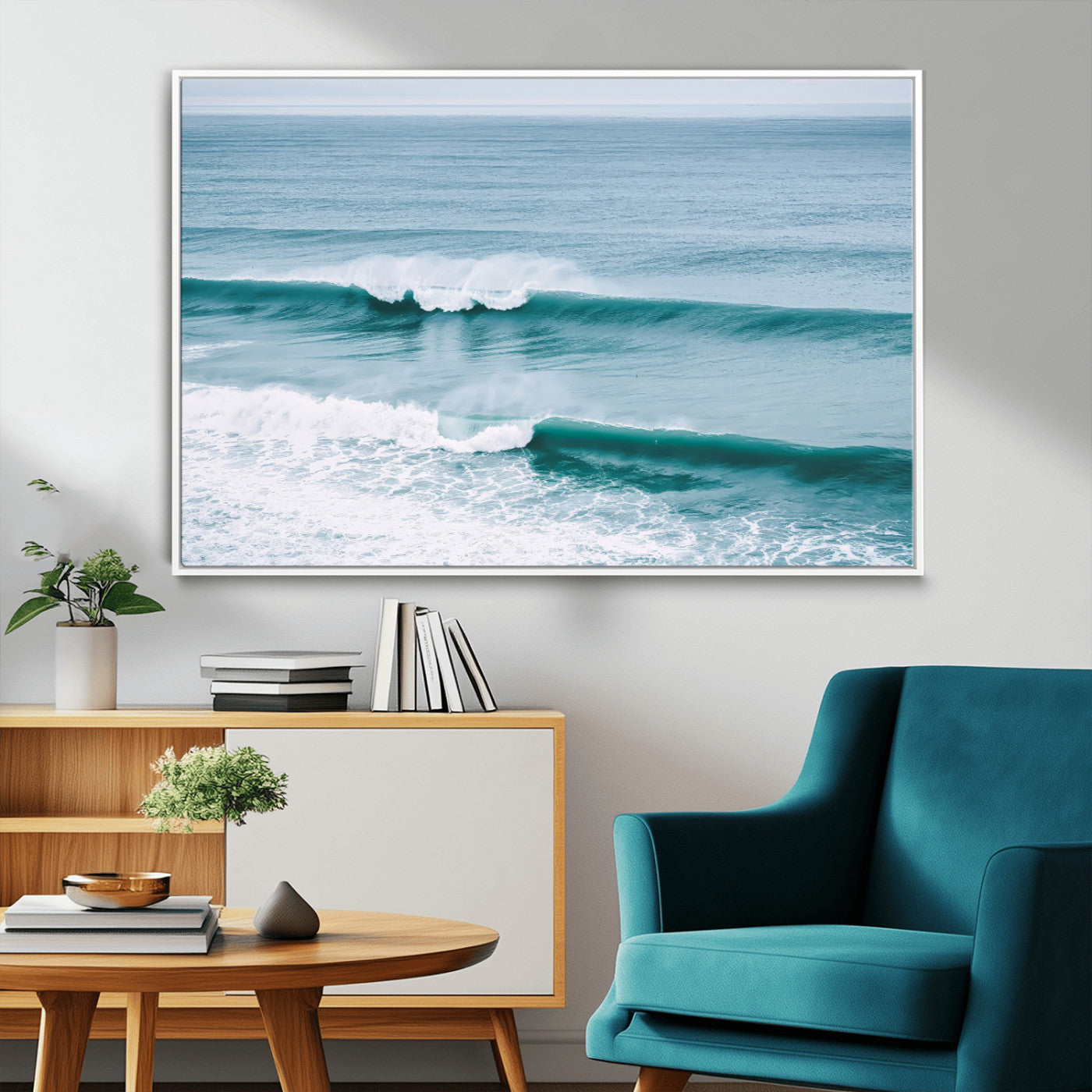 Powerful ocean waves rolling towards the shore, their turquoise hues blending with white sea foam under an open horizon, capturing the essence of the ocean's movement.