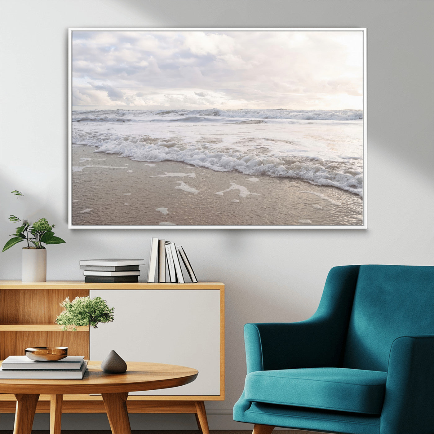 Peaceful ocean waves rolling onto the sandy shore under soft light, perfect for neutral or coastal minimalist decor themes.