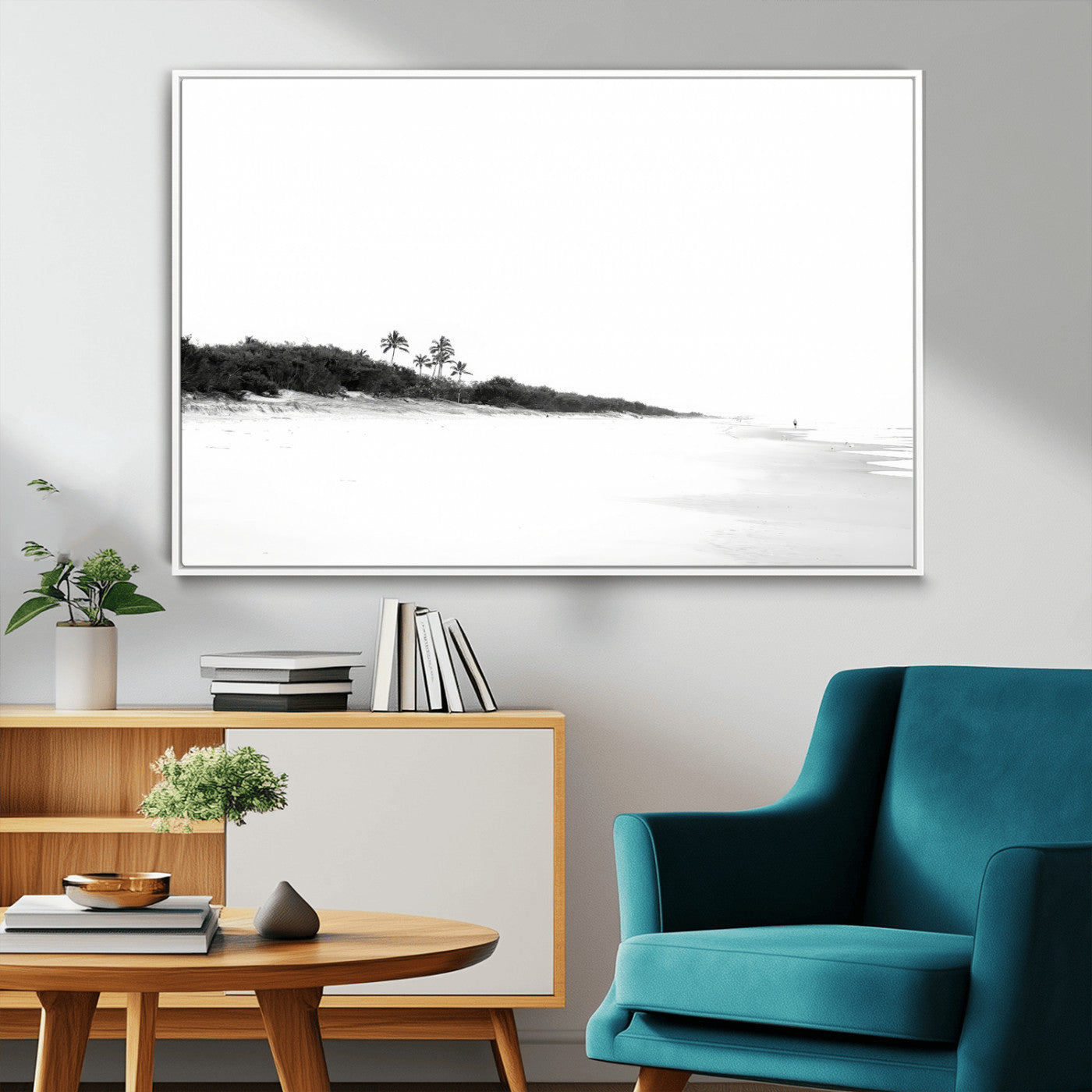 A black and white minimalist coastal scene with a vast open beach, distant palm trees, and a lone figure walking along the shoreline, evoking serenity and solitude.