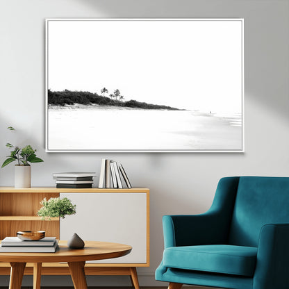 A black and white minimalist coastal scene with a vast open beach, distant palm trees, and a lone figure walking along the shoreline, evoking serenity and solitude.