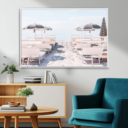 A serene minimalist beach scene featuring striped umbrellas, soft pastel sand, and an elegant lounge setup, creating a tranquil and stylish coastal retreat.
