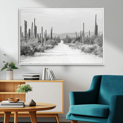 A black and white desert road stretching through a cactus-filled landscape, creating a rugged and timeless southwestern aesthetic with a sense of adventure.