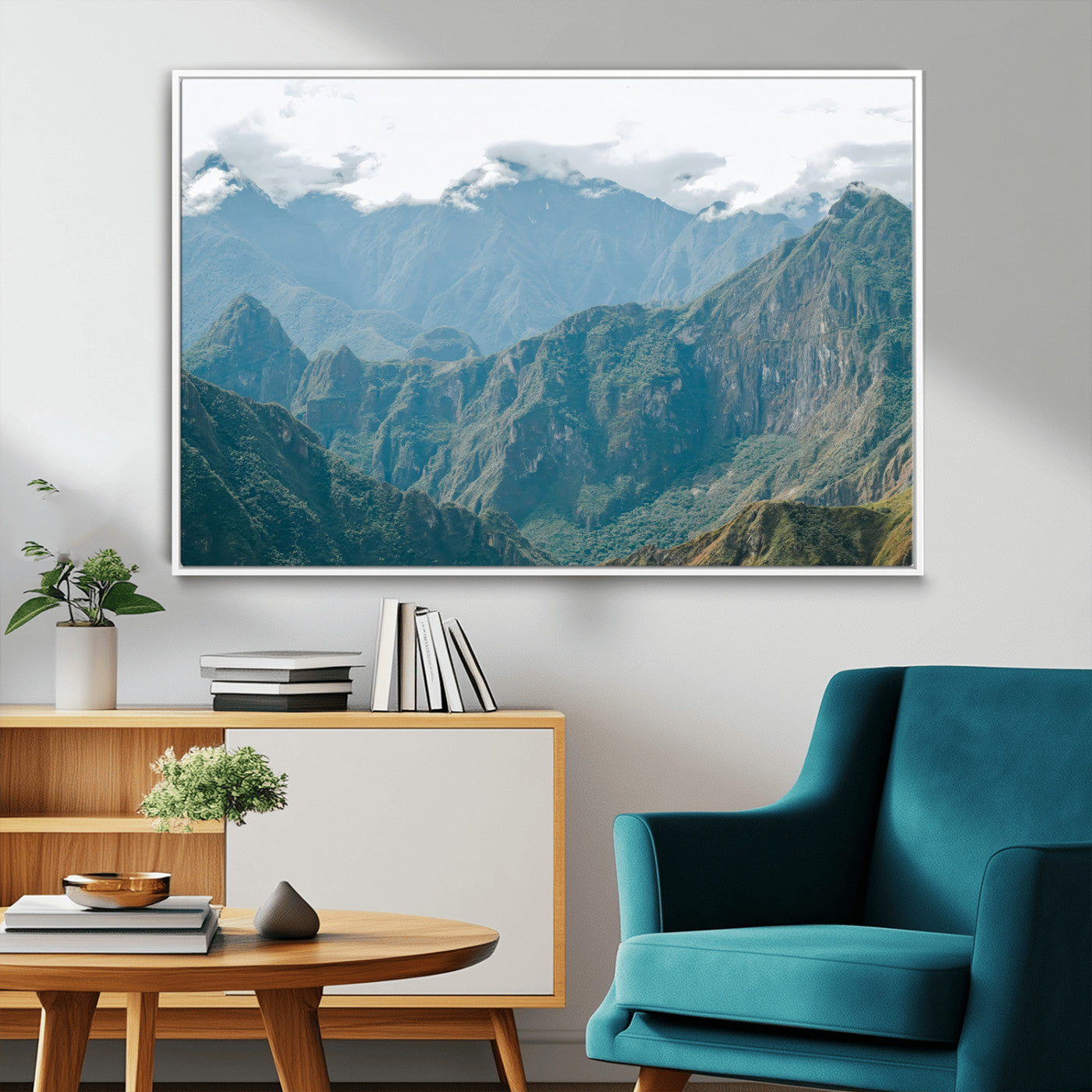 A misty mountain landscape with cloud-covered Andean peaks and lush green valleys, creating a dramatic and serene view, perfect for rustic or nature-inspired home decor.
