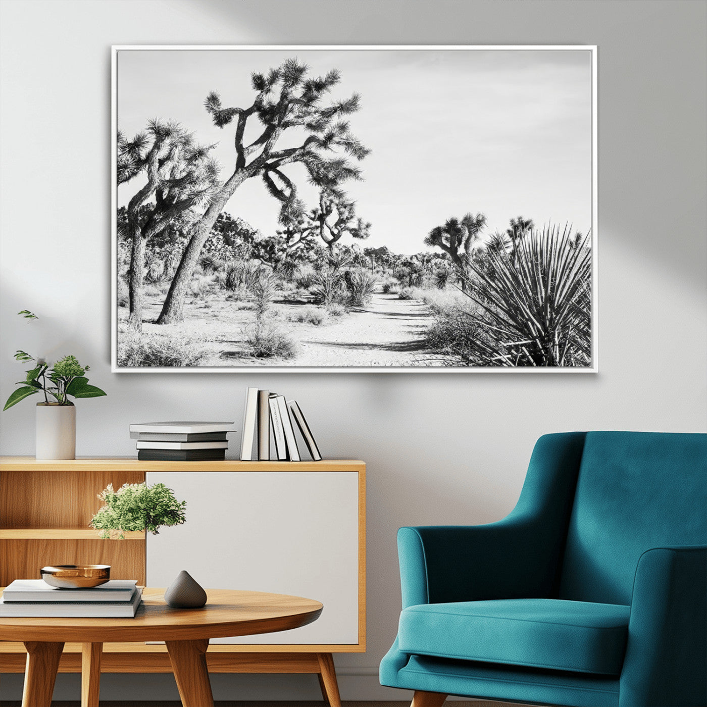 Canvas of a Joshua Tree forest in black and white tones, featuring a desert path and spiky vegetation, ideal for minimalist or rustic decor.