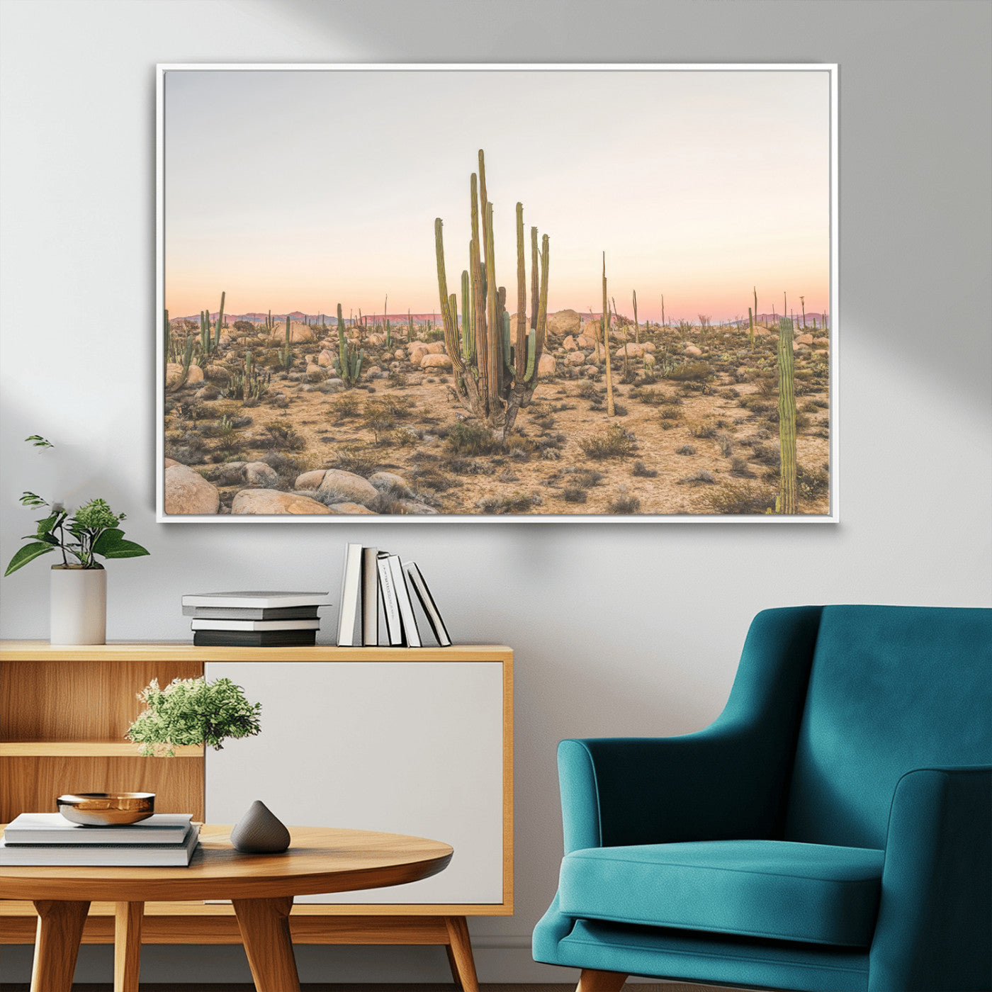 Canvas of tall desert cacti in warm sunset tones over a rocky Baja landscape, ideal for earthy or Southwestern-style home decor.