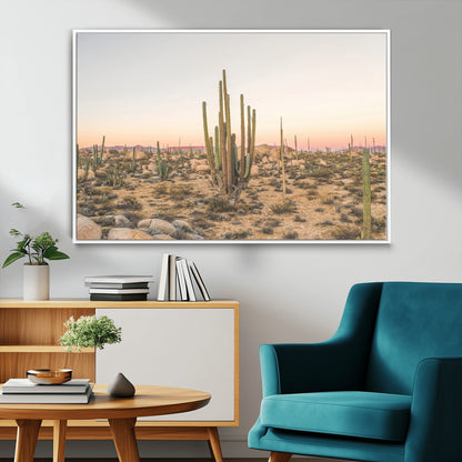 Canvas of tall desert cacti in warm sunset tones over a rocky Baja landscape, ideal for earthy or Southwestern-style home decor.