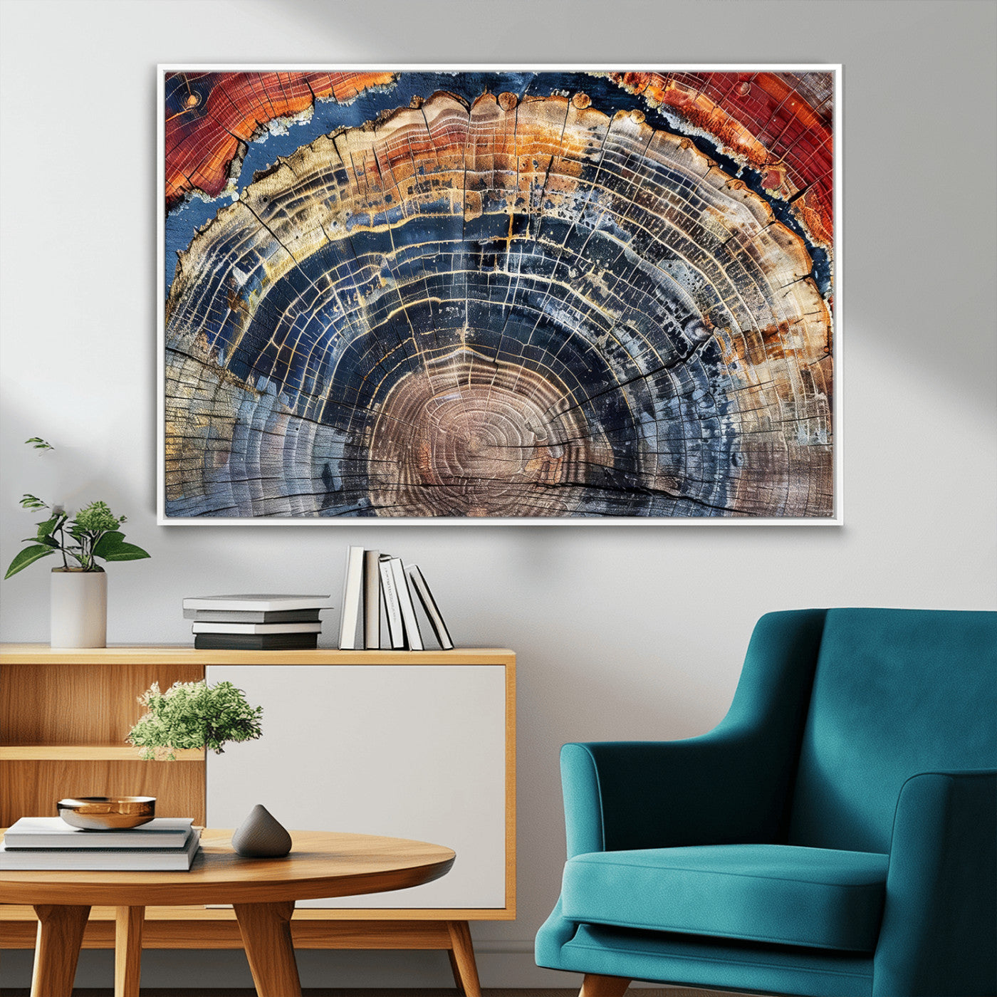 Vibrant tree ring with orange, brown, and blue tones in abstract detail, perfect for rustic or boho-inspired wall decor.