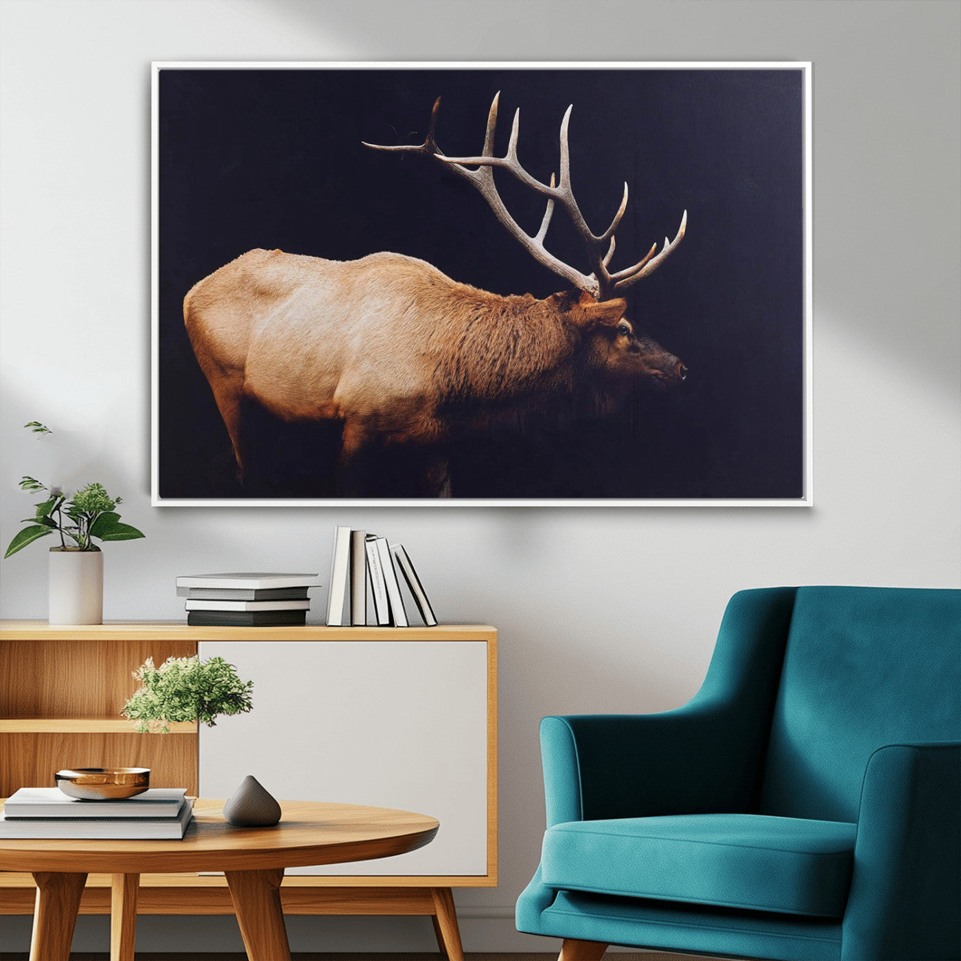 Side view of a majestic elk with large antlers against dark background, perfect for rustic lodge or cabin style home decoration.