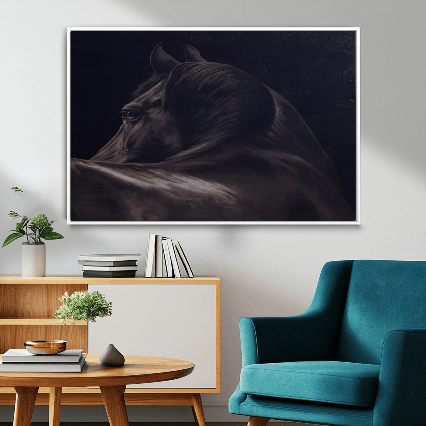 Close-up of a black horse with dramatic lighting on a dark background, perfect for rustic or masculine home decor.