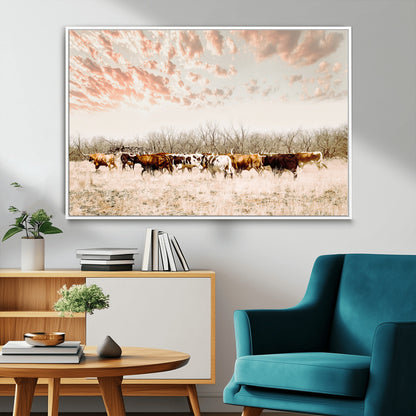 Cattle herd in a soft-toned field under a pastel pink sky, creating a peaceful rustic feel, perfect for farmhouse or western-themed spaces.