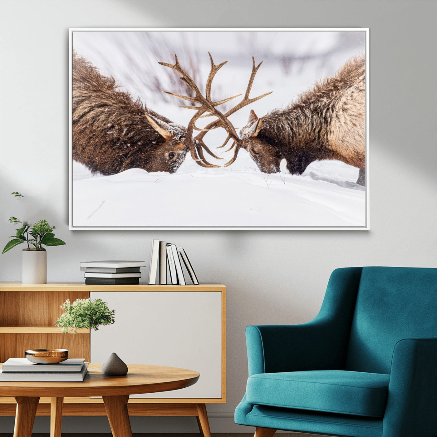 Two elk clashing antlers in a snowy forest, capturing raw power and wild energy, ideal for rustic cabin or lodge-style decor.
