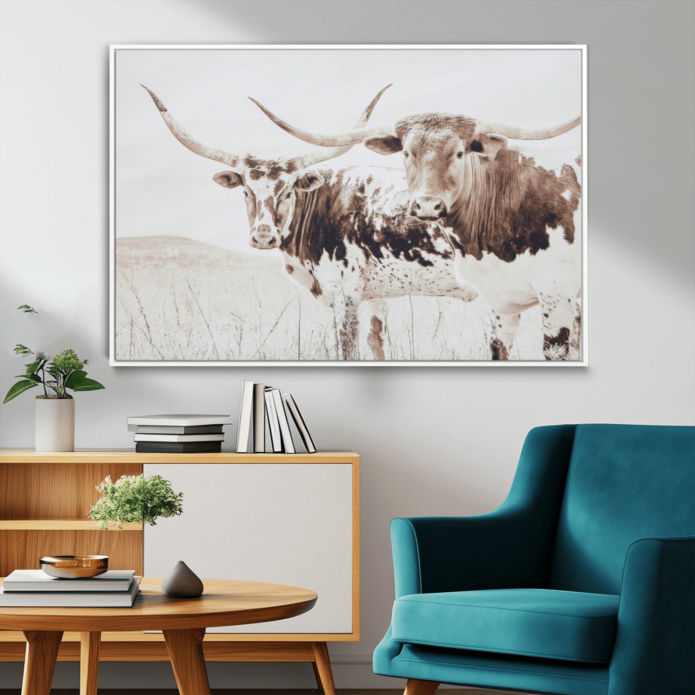 Two longhorn cows standing in a sepia-toned pasture with soft light, ideal for rustic or farmhouse-themed neutral wall decor.