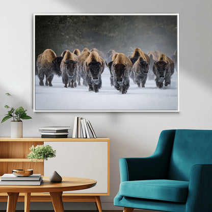 A herd of American bisons walking through deep snow in a forest, evoking a powerful rustic wilderness mood for western-style interiors.