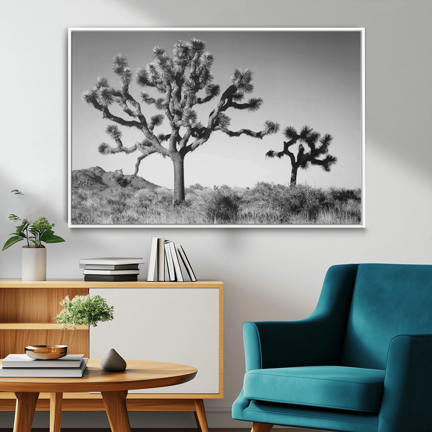 Black and white Joshua trees in a rugged desert landscape, creating a calm and minimalist feel for natural or rustic-themed interiors.