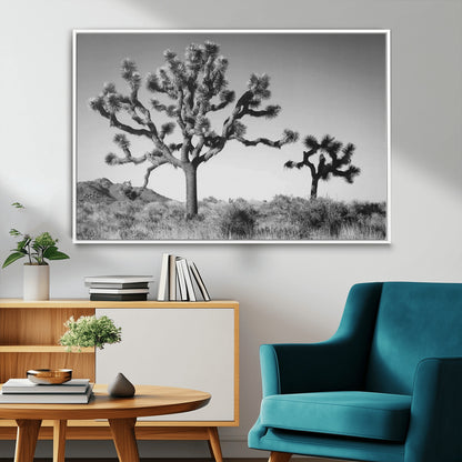 Black and white Joshua trees in a rugged desert landscape, creating a calm and minimalist feel for natural or rustic-themed interiors.
