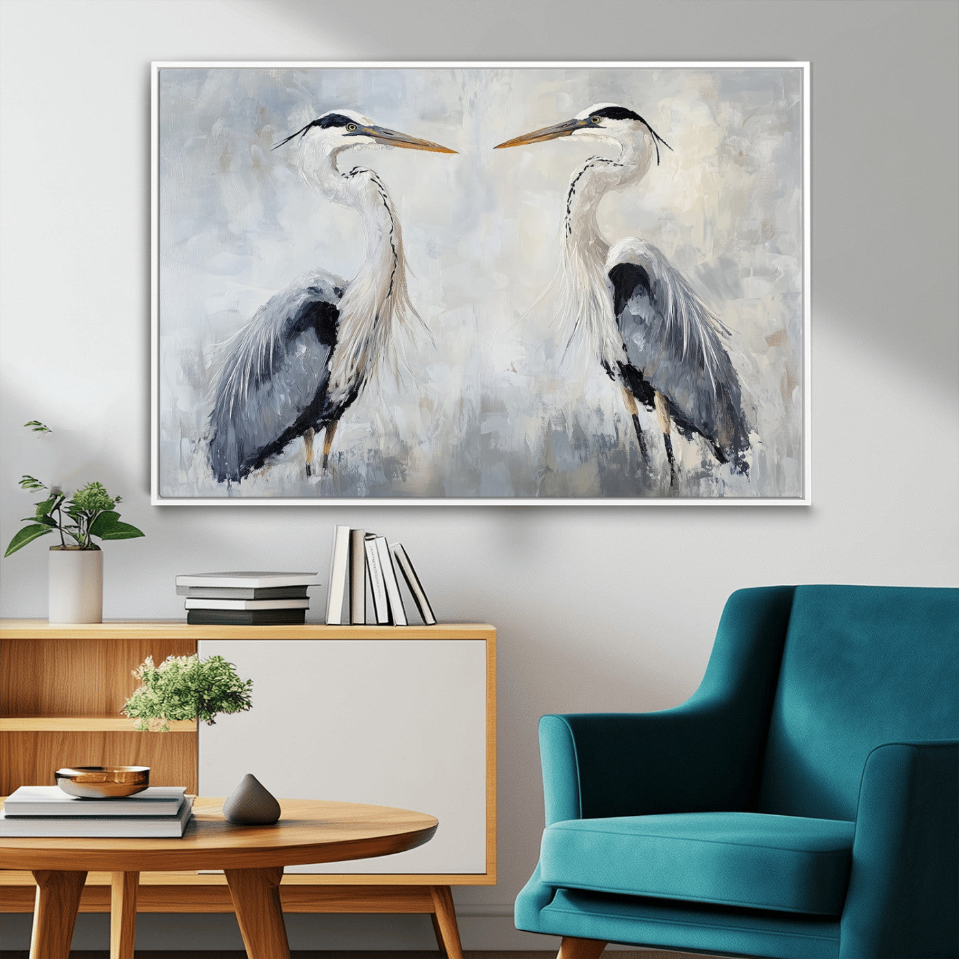 Two herons facing each other on a soft-toned background with blue-grey feathers, perfect for tranquil, coastal or nature-themed interiors.