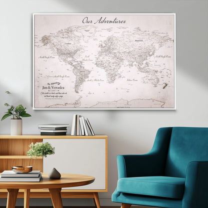 Customize Push Pin World Map Wall Canvas Print – Personalized Travel Map with Foam Pins – Framed Custom Quotie Canvas for Home Office Decor