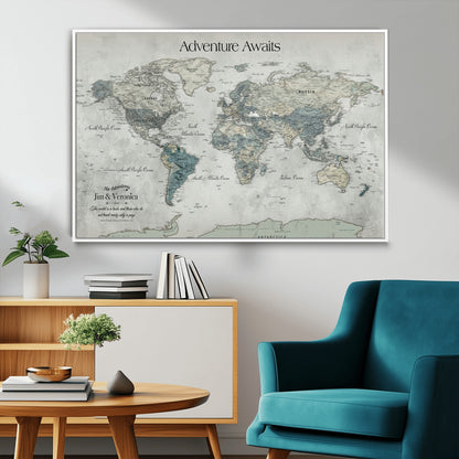 Customize Push Pin World Map Wall Canvas Print – Personalized Travel Tracker with Pins – Framed Custom Quotie Canvas for Home Office Decor