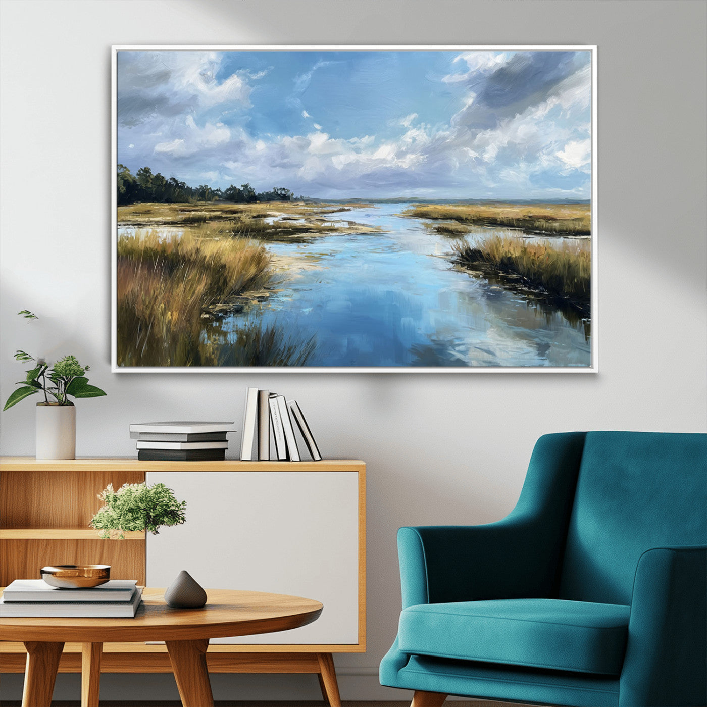 A beautiful, painterly landscape of a calm river winding through a marsh, with vibrant green grasses and a bright blue sky filled with fluffy clouds.