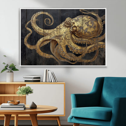 A detailed gold illustration of an octopus on black wooden planks, showing its intricate tentacles and textured skin in an artistic style.