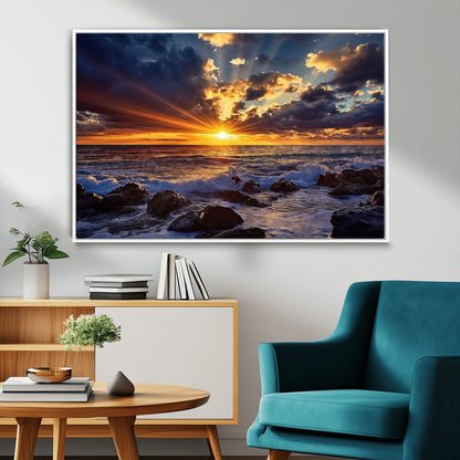 An explosive sunset over the ocean with dramatic clouds and rays of sunlight reflecting off the water, creating a vibrant and captivating view.